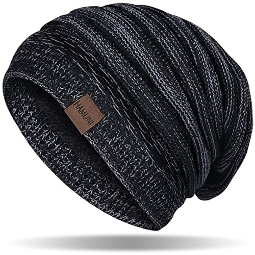 HAMUNI Mütze Damen, Atmungsaktiv Strickmütze Herren, Warme Wintermütze Damen, Street Style Slouch Beanie Mütze Herren, Klassische Unisex Winter Mütze mit Weichem Bequemem Fleece Innenfutter