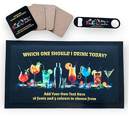 ShopQuality4U Personalise Cocktail Bar Runner Mat, optional: Matching Bottle Opener, Drinks Coasters, Gift Set | Beer Gifts Home Bar Accessories for Pub Bars Man Cave Him Her Gin Oclock