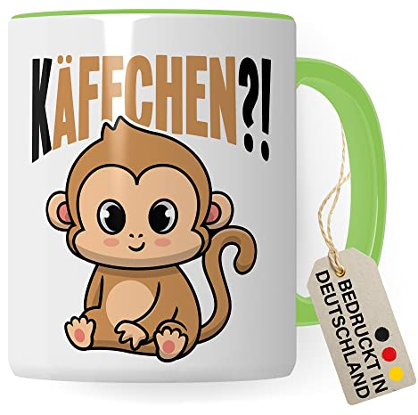 Käffchen Tasse Geschenk Kaffeetasse mit Spruch lustig Kaffee-Becher mit Affen-Motiv Teetasse Geschenkidee Kaffee-Liebhaber Kaffeetrinker und Kaffee-Fans Kaffee-Verehrer (Weiß/Grün)