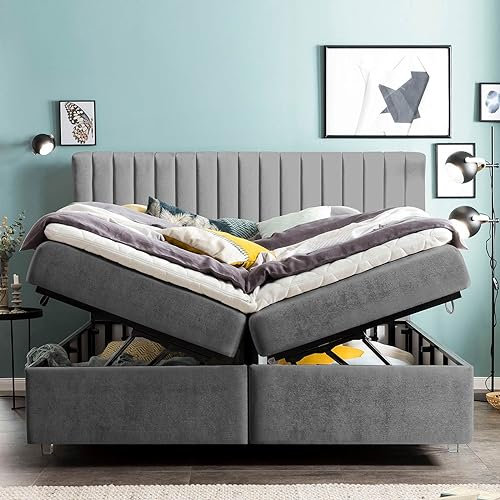 Boxspringbett mit XXL Bettkasten Paris 180x200 Samt, ohne Topper, Acryl-Füße, Hotelbett, Polsterbett, 7 Zonen Taschenfederkern-Matratze, Aufbau KOSTENLOS (Dunkelgrau, 180x200 cm ohne Topper)