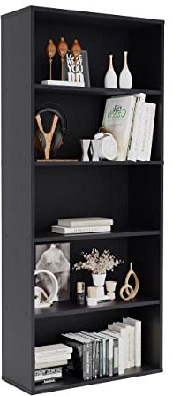 5/6 Layer Solid Wood Bookcase, Extra Large Wooden Shelving for Office and Living Room, Free Standing Open Shelf Unit for Storage, Organization, and Display of Books and Home Decor (Black, 5 tier)
