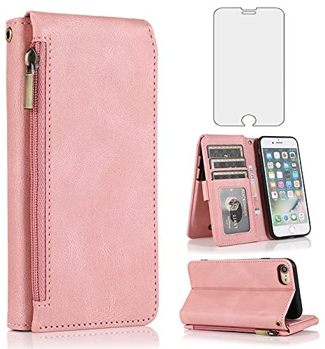 Compatible with iPhone 7/8/SE 2020/2022 Wallet Case Tempered Glass Screen Protector Zipper Leather Flip Cover Card Holder Stand for iPhone7 iPhone8 SE2020 SE2022 2/2nd/3/3rd SE2 SE3 Women Rose Gold
