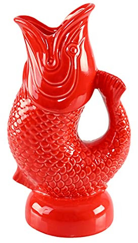 Home-X Gurgle Ceramic Fish Shaped Carafe Jug, Water Pitcher, Decorative Glug Pot for Kitchen, Cocktail, Water, Gurgling Vase - 20oz Capacity, Red