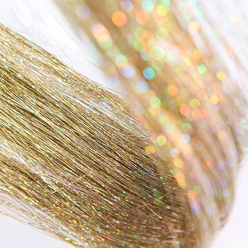 Hair Tinsel Gold Extensions 250 Strads Holographic Sparkle Tinsel Glitter Synthetic Shiny Straight Hair for Girl Woman Decoration (Gold)