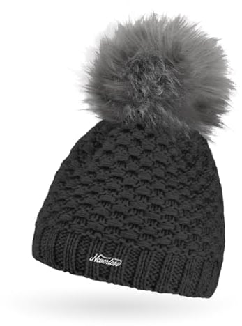 Neverless® Damen Winter-Mütze Strick Fleecefutter Kunstfell-Bommel Pudelmütze Wintermode Outdoor schwarz Unisize