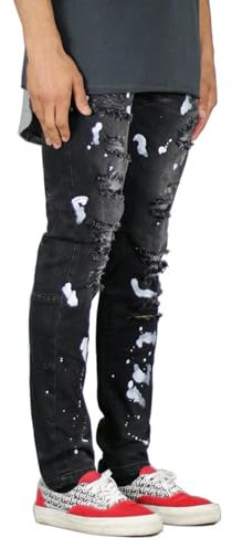 CABULE Vaqueros de Hombre Americanos, Vaqueros de Hombre Personalizados con Agujeros salpicados de pintura-negro-34