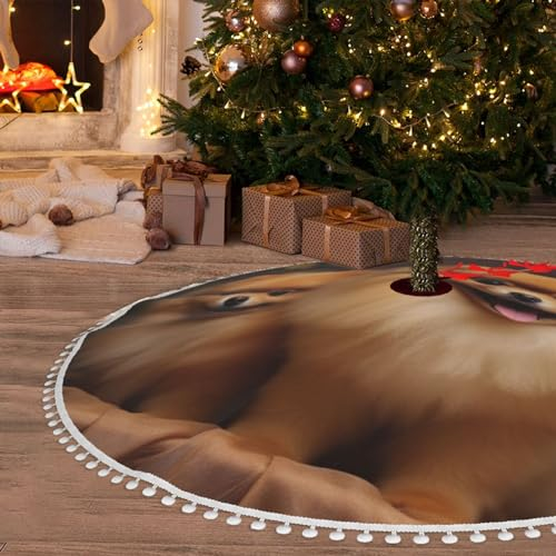 76,2 cm Weihnachtsbaumrock mit Pompom-Bordüre, Weihnachtsbaumschmuck, Matte, gelb, Pommern, doppellagig, Weihnachtsbaumrock für Weihnachtsdekoration, Neujahrsparty