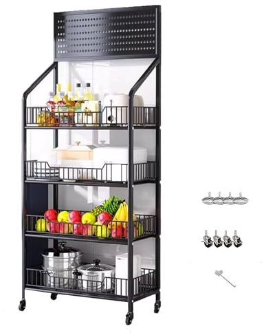 Gemüseständer Drehbares Supermarktregal aus Karbonstahl für die Küchenapotheke, Chipsregal mit 4 Rädern und 15 Haken, Snackregal für Obst, Gemüse, Süßigkeiten, Buch ( Color : Black , Size : 4-Tier )