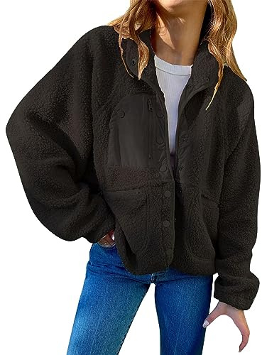 Nidddiv Fleece Short Ladies Jackets Solid Colour Patchwork Teddy Fleece Coats Lapel Baggy Casual Pullover Jacket Button Overcoat Long Sleeve Batwing Sleeve Fashion Outerwear Sportswear