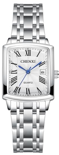JewelryWe Uhren Damen Edelstahl Rechteckig: 30m wasserdichte Kalender Analog Quarz Armbanduhr Frauen Silber Edelstahl Band Uhr Damenuhr mit Weiß Rechteck Römischen Zahlen Zifferblatt
