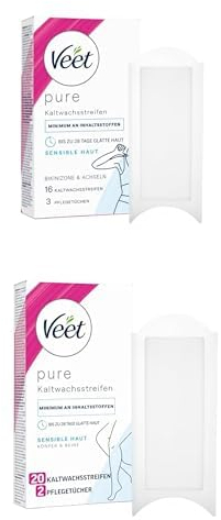 Haarentfernungsset mit Veet Pure Kaltwachsstreifen für Bikinizone & Achseln + Veet Pure Kaltwachsstreifen für Körper, Arme & Beine – Geeignet für sensible Haut – Bis zu 28 Tage glatte Haut