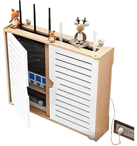 Router Shelf, white Wifi Router Storage Box Wall Mounted, Cable Organiser Wall Mounted Floating Wlan Router Shelf, Cable Wire Wall Plug Board Rack -Double Door