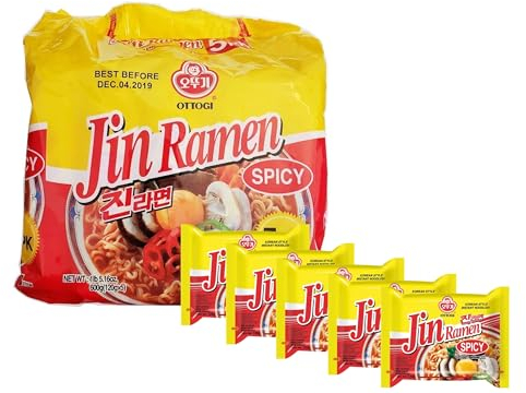 Ottogi Jin Ramen Spicy Lot de 5 paquets de nouilles instantanées coréennes épicées 5 x 120 g – OG ASIA – 600 g