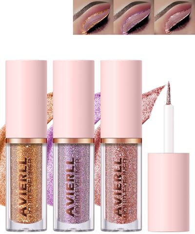 3 Pcs Liquid Glitzer Eyeliner Set, Gold Lila Rose Metallic Shimmer Flüssig Lidschatten Stift, Wasserfest Langanhaltend Eyeshadow Make-up Kit, Eye Brightener Pen für Frauen zum karneval-08+09+10