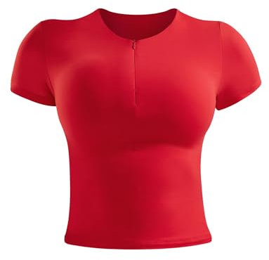 ZAAYO Sport T Shirt Damen Basic Sportshirt Double Lined Y2K Summer Crop Top Gym Top Leichtes Atmungsaktives Sport Tops mit Rundhalsausschnitt Gym Oberteil Yoga Tops Rot L