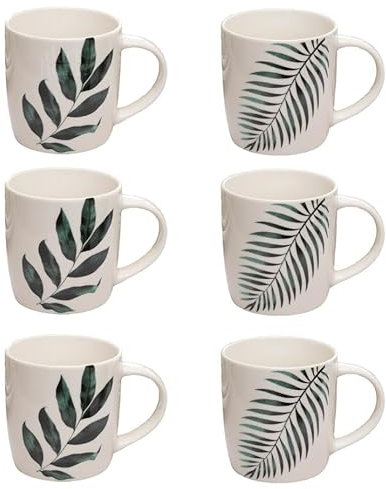 Darthome Set of 6 Emerald Green Leaf Mugs 300ml Country Leaves Barrel Hot Coffee Tea Cups