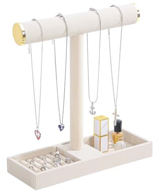 Coward Schmuck-Organizer-Ständer, Samt-Halter für Halsketten, Armbänder, Uhren, Ringe, mit Tablett, Mehrzweck-Schmuckständer für Damen und Mädchen, Kommode, Nachttisch (Beige)