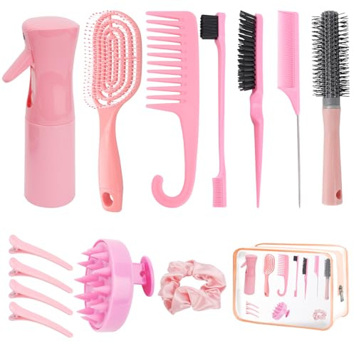 Haarbürsten Set,14 Stück Haarbürsten Haarwerkzeug,Inklusive Transparenter Kosmetiktasche,Sprühflasche,Kantenbürste,Lockenbürste,Rundbürste,Kopfhautbürste und Haarnadeln,Styling Werkzeuge