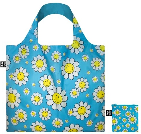 LOQI Smiley Flowers Aquarius Recycled Bag, Aqua Blue, Contemporary, Aqua Blue, Contemporary