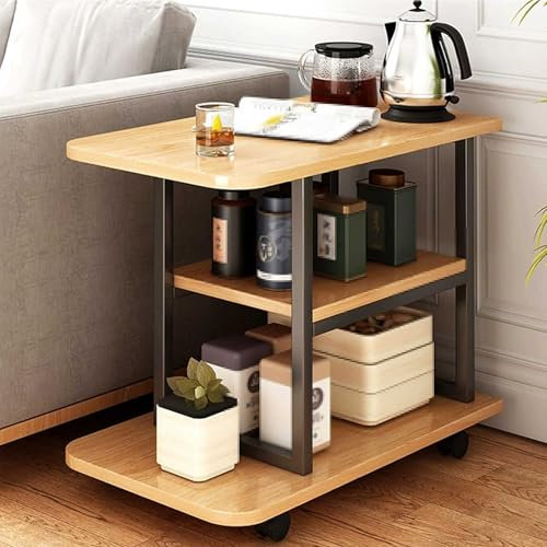 Beistelltisch mit Stauraum und Rollen Platzsparender Tee-Beistelltisch für Das Wohnzimmer Beistelltisch Bett mit 3 Ebenen Arbeitsplatte für Zuhause, Krankenhaus(Metallic)