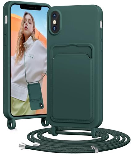 BENTIACC Handykette Silikon Hülle für iPhone X/XS mit Band, Handyhülle mit Kartenfach, Abnehmbar Kordel Kette, Stoßfeste Schutzhülle für iPhone X/XS (Tannennadelgrün)