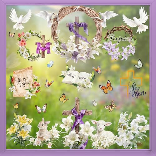 AhfuLife Fensterbilder Ostern Jesus, 9 Blätter Selbstklebend Fensteraufkleber Christlich, Fenstersticker Oster Aufkleber, He is risen Fensterdekoration Frühling Hasen Küken Ostereie Wiederverwendbar