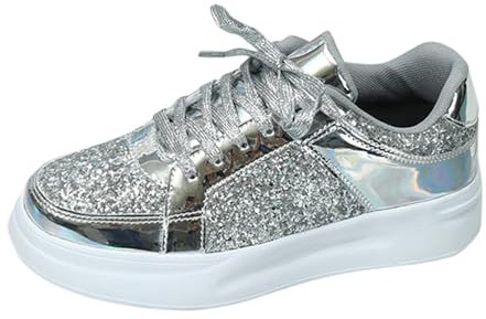 Glitzer Schuhe Damen Silberne Schuhe Rutschfeste Plateau Pailletten Schuhe Glitzer Sneaker Atmungsaktive Leicht Glitzerschuhe Pailettenschuhe Bequeme Gym Glitzer Schuhe Turnschuhe (Silver, 42)