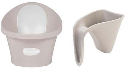 Shnuggle Newborn Baby Bath and Washy Rinsing Jug Bundle | The Perfect Baby Bath Partnership | Newborn Support and Rinse jug | Taupe