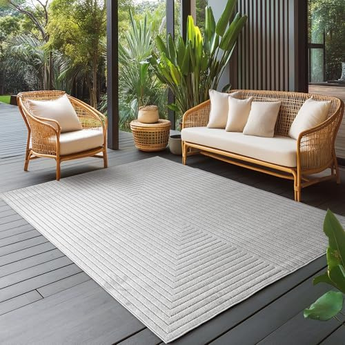 Carpettex Outdoor Teppich wetterfest, Wohnzimmer, Schlafzimmer, Garten, Balkon, Kurzflor Grau, Hoch-Tief-Effekt, weich & waschbar, pflegeleicht, 200x290 cm