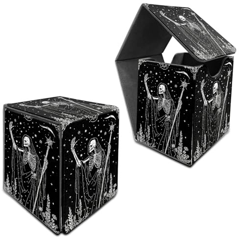 RWUTYTIUL Deck Box for MTG, Cards Storage Box Fits 120+ Sleeved, Leather Medium Size Strong Magnetic Closing Card Case for Board Games Magic TCG CCG Baseball Collection, Black Skull Axe