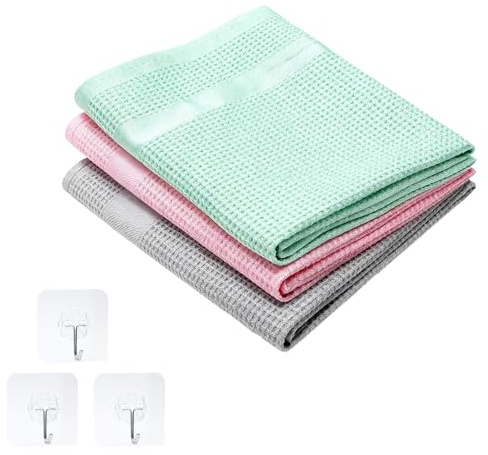 KQDRAVINE 3er Set Fenstertuch Streifenfrei und 3 Haken Putzlappen | NUR MIT Wasser | Microfasertücher ohne Putzmittel Putztücher Fenstertücher Glastücher Reinigungstücher 60x40 (Pink/Grau/Grün)