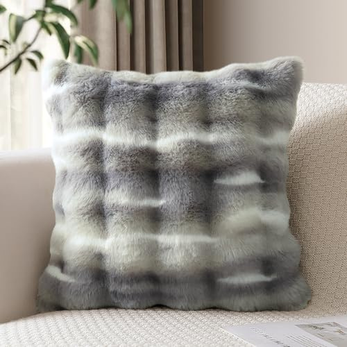 JOTOM 1 housse de coussin en velours doux et décoratif, luxueux, en fourrure synthétique, pour canapé, salon, chambre à coucher, 45 x 45 cm, gris et blanc