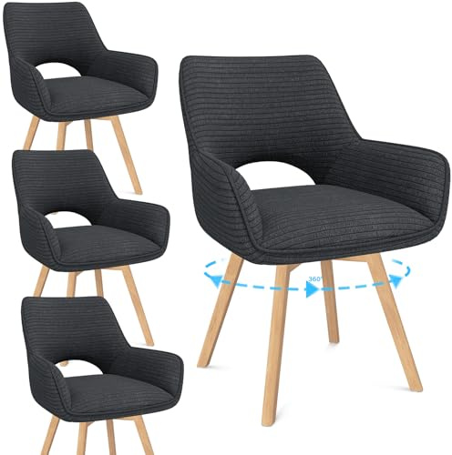 WAFTING Esszimmerstühle 4er Set Drehbar 360°, Armlehnstuhl, Schwarz | Holzbeine,Buche,Cord Stoff,Küchenstuhl,Wohnzimmerstuhl,Polsterstuhl mit Samt,Restaurant,Schlafzimmer,Esszimmer,Konferenzraum