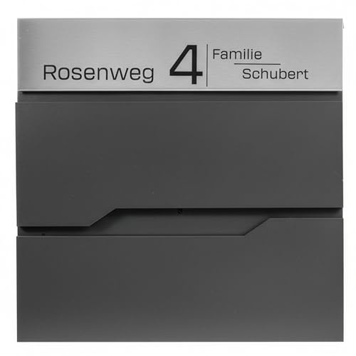 Grafner Premium Briefkasten personalisiert, RAL7016 mit Zeitungsfach und 2 Schlüssel, moderner Postkasten mit Name Straße Hausnummer, anthrazitgrau Wandbriefkasten graviert, mit Montagematerial