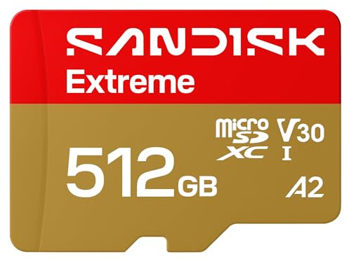 SANDISK Extreme Carte microSDHC UHS-I + SD Adapter, 512 Go (Jusqu’à 245 Mo/s en Lecture et 170 Mo/s en écriture, vidéo 5.3K, C10, V30, U3, A2)