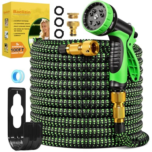 Baelizin Flexibler Gartenschlauch 30 m (100 ft), dehnbarer Wasserschlauch mit 10-Funktions-Gartenbrause, 3/4- und 1/2-Anschlüsse, auslaufsicher, knickfrei, für Garten, Autowäsche und Haustierbaden