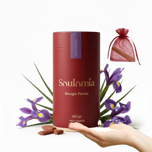 Soulomia Bougie Perlée Parfumée Iris Santal 450 g | Perles de cire végétale, 15 mèches incluses, rechargeable, idée cadeau Saint-Valentin, fête des mères