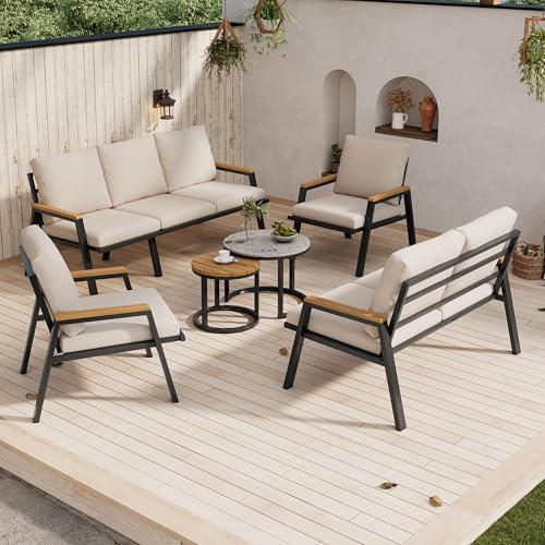 Salon de jardin avec coussins, canapé 3 places, canapé 2 places, 2 fauteuils et 2 tables basses, table avec plateau en verre marbré et plateau en bois en plastique, structure en acier galvanisé