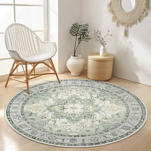 GENIMO Runder Boho Teppich Graugrün, Waschbar fürs Wohnzimmer, Ø 200 cm