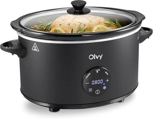 Olvy Slow Cooker PRO Digital - Pentola a fuoco lento da 6 l, con timer, funzione di mantenimento al caldo, funzione scongelamento, timer 24 ore, 3 livelli
