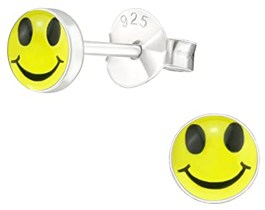 Bungsa Smiley Kinder-Ohrstecker .925 ECHTSILBER 5mm gelb Emoji lachendes Gesicht lächeln (Ohrringe Echtschmuck Studs Ohrschmuck Jungs Mädchen)