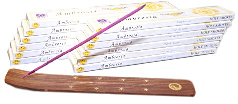 Davartis Räucherset - 12er Pack Ambrosia - Duft der Götter + Räucherstäbchenhalter Yin-Yang 25cm aus Holz