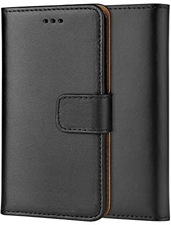 Genuine Leather Bookcase for iPhone 5-5S iPhone SE, Premium authentic Genuine Leather Wallet case with Magnetic, Kickstand, Cash & Card Slots Stockproof Slim Flip bookcase cover (Black)