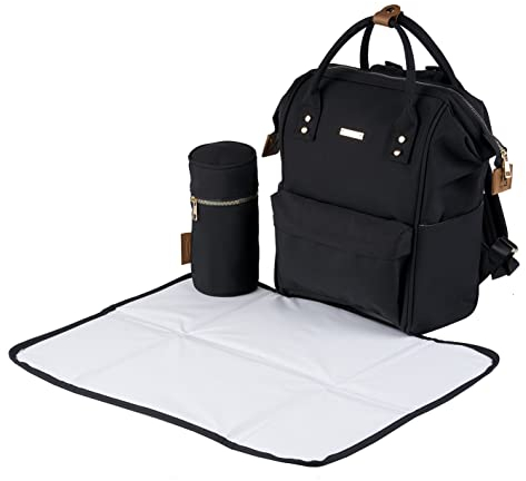 BabaBing! | Mani Baby Changing Bag Large Backpack with Adjustable Shoulder Straps | Multifunction Baby Bag Backpack with Detachable Changing Mat & Insulated Bottle Holder | Weatherproof, Black/Brown