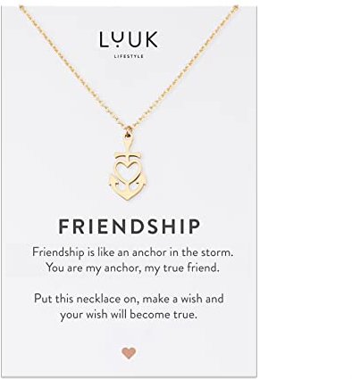 LUUK LIFESTYLE Halskette aus Edelstahl mit Herz & Anker Anhänger und FRIENDSHIP Karte, Schmuck für Frauen, minimalistisches Modeaccessoire, Gold