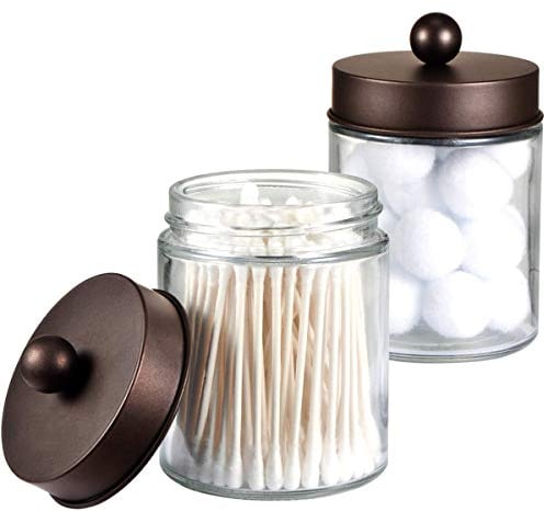 Apothecary Jars Bathroom Storage Organizer - Cute Qtip Dispenser Holder Vanity Canister Jar Glass with Lid for Cotton Swabs,Rounds,Bath Salts,Makeup Sponges,Hair Accessories/Bronze (2 Pack)