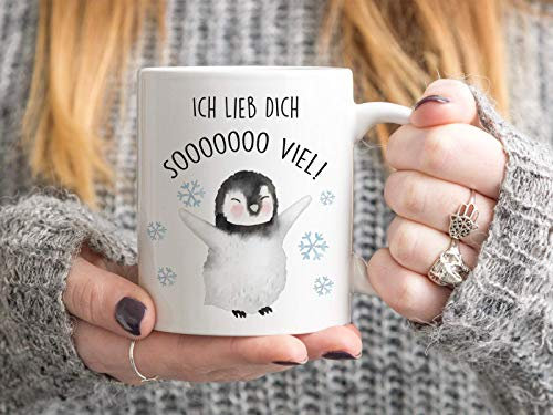 Bedruckte Tasse mit Pinguin und Spruch Ich lieb dich so viel
