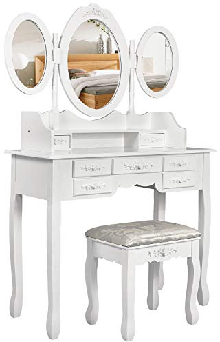 Meerveil Moderno Tavolo da Toeletta con 7 cassetti e 3 specchi ovali girevoli, Set Specchiera Tavolo Cosmetici Mobile da Trucco da Toeletta,stabili Sgabello in Legno Bianco
