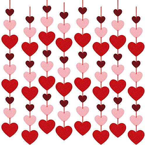8 Packs Valentines Felt Heart Hanging String Garlands - NO DIY - Valentines Decorations - Valentines Party Decorations Supplies - Valentines Burgundy Pink Red Heart Garland Decorations