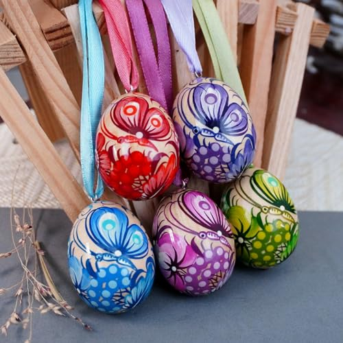 Hochwertige Osteranhänger Set 5 Mini Ostereier Holz 4 cm handbemalt Petrykiwka Muster Schmetterling Osterdeko traditionelle Osterschmuck zum Hängen